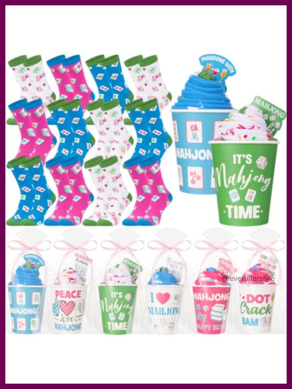 Mahjong Gift Set 12 Pairs Fuzzy Socks Paper Cups Toppers Bags Ribbon